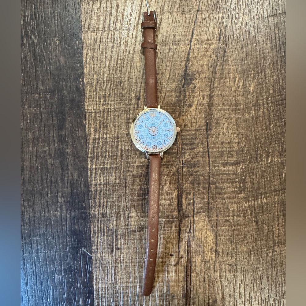 Francesca's blue geometric design face/gold accents Cognac Leather Strap Watch